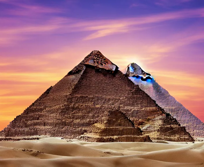 Image similar to 4 k hd, high detail photograph of egyptian pyramids at sunset, shot with sigma f / 4. 2, 2 5 0 mm sharp lens, wide shot, consistent, volumetric lighting, high level texture render