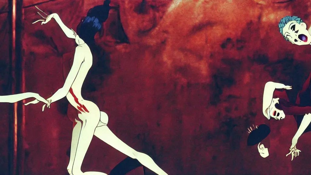 Image similar to french voguing dance horror movie, anime film still from the an anime directed by katsuhiro otomo with art direction by salvador dali, wide lens