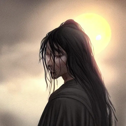 Image similar to a young priest with long black hair, fair skin like porcelain, dark melancholic eyes, stunning beautiful. digital art. very detailed. fantasy. sunset.