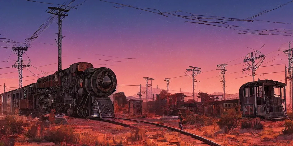 Image similar to train station roadside old west saloon cyber punk post apocalyptic neon telephone poles billboards cactus graveyard sunset sky clouds illustration by syd mead artstation 4 k 8 k graphic novel concept art matte painting unreal engine ue 5
