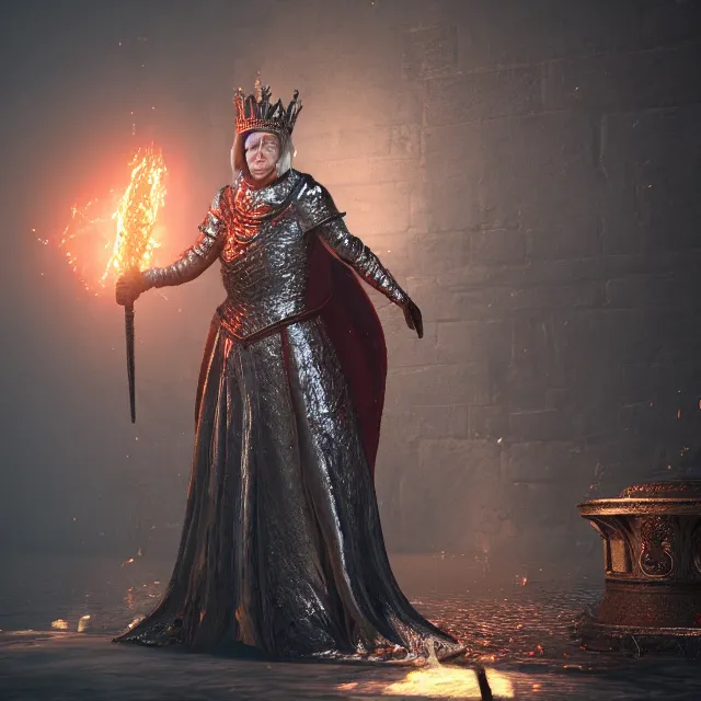 Prompt: queen elizabeth of england as a boss in dark souls, dark cinematic, volumetric, realistic, 3 d render, cinematic lighting, ray tracing, cinematic, unreal engine 5, unreal engine render, octane render, hyper realistic, photo, 8 k