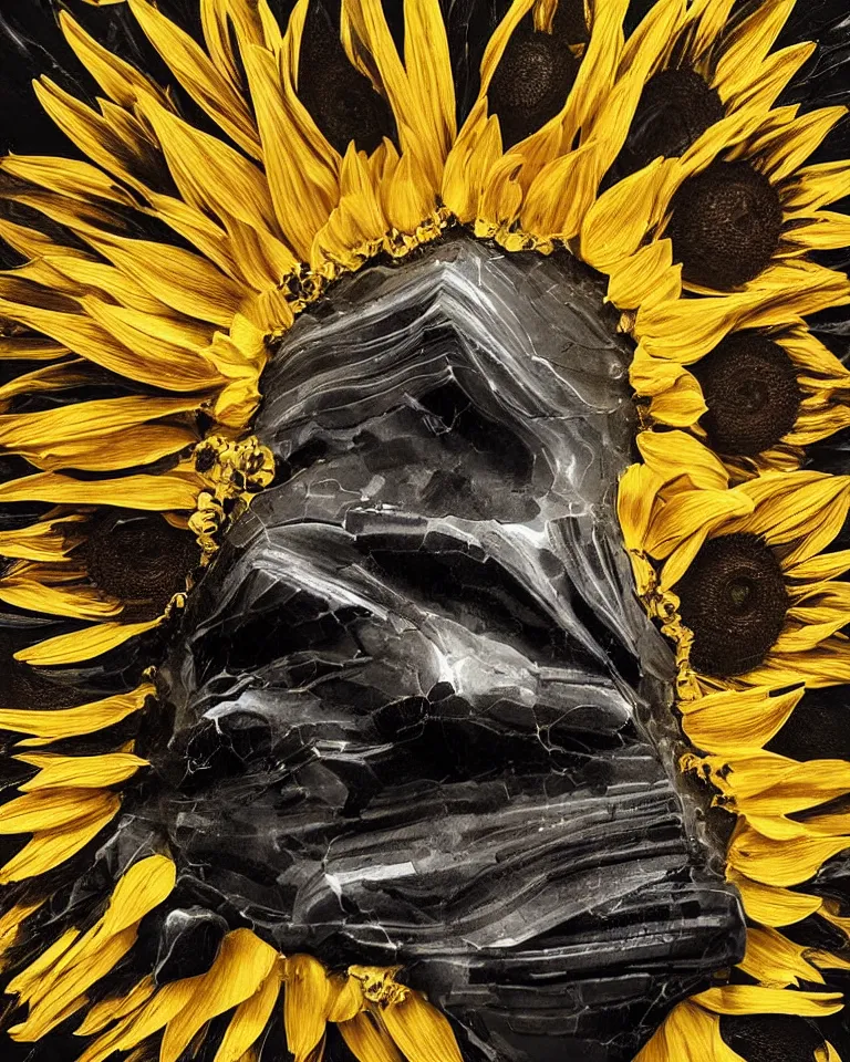 Image similar to symmetrical painting of a fractured obsidian greek statue of a sunflower fixed with kintsugi, rendered in octane trending on cgsociety. extremely detailed and intricate art