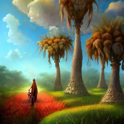 Image similar to a concept painting in the style of esao andrews of a village with beautiful dramatic clouds, dappled lighting, lush landscaping, date palm trees, shrubs and flowers. esao andrews, trending on artstation