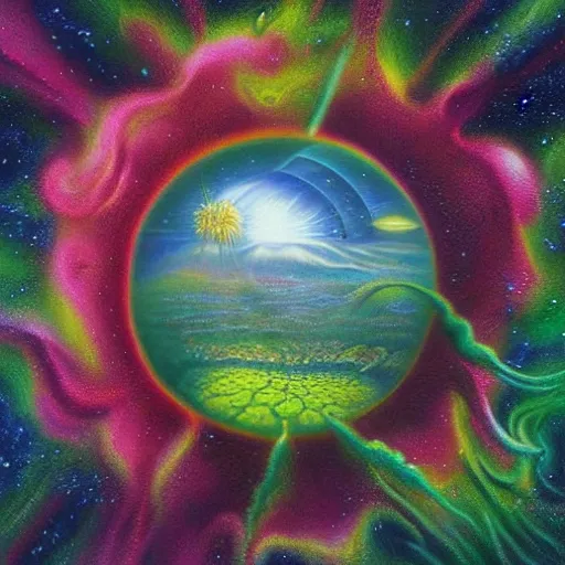 Image similar to a surreal detailed painting of a flower in the center of a picture near planet earth, an airbrush painting by david a. hardy, deviantart, metaphysical painting, airbrush art, chalk art, fractalism