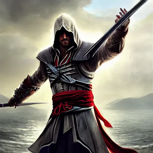 Prompt: ezio auditore portrait, dramatic light, lake background, 2 0 0 mm focal length, painted by stanley lau, painted by greg rutkowski, painted by stanley artgerm, digital art, trending on artstation