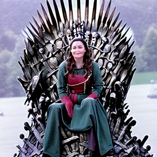 Prompt: lorelei gilmore on sitting on the iron throne, cinestill from game of thrones