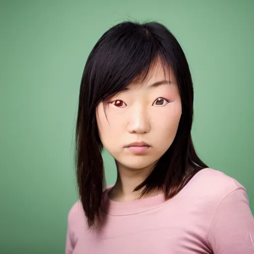 Prompt: front view mug shot of a young beautiful delicate atractive japanese female, digital photography, soft studio lighting, chroma green background