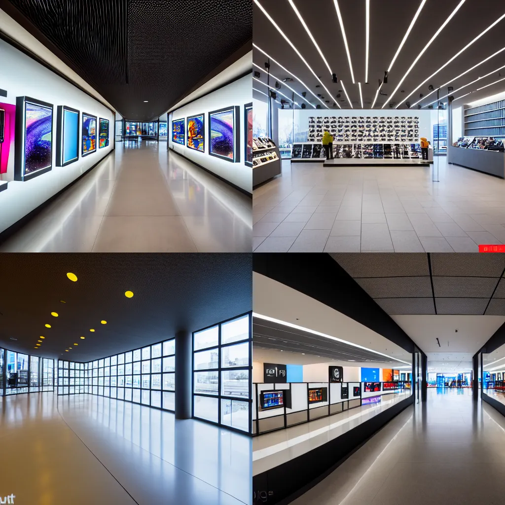 Prompt: (brutalist flagship retail interior Samsung Microsoft Apple) XF IQ4, 14mm, f/1.4, ISO 200, 1/160s, 8K, RAW, unedited, symmetrical balance, architectural photography, in-frame