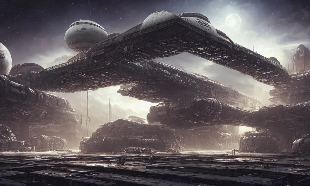 Prompt: a beautiful highly detailed matte painting of a huge derelict cargo starship base, Space Hulk, Star Trek by Jose Daniel Cabrera Pena and Leonid Kozienko, concept art