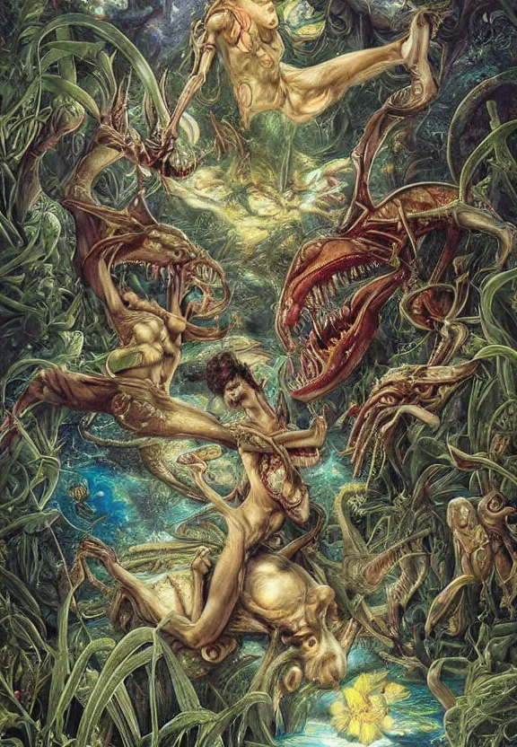 Prompt: elegant, muscular sharks, human babies, botany, orchids, radiating, colorful mandala, psychedelic, overgrown garden environment, by h. r. giger and esao andrews and maria sibylla merian eugene delacroix, gustave dore, thomas moran, pop art, biomechanical xenomorph, art nouveau, somber, horror