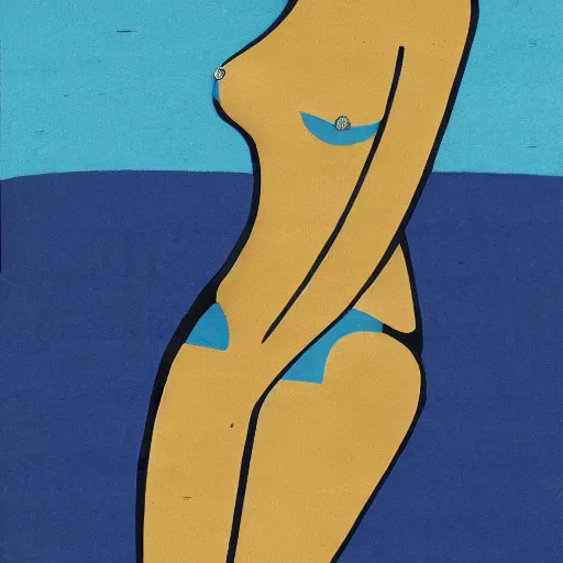 Prompt: abstract woman lounging on a beach in a midcentury modern style