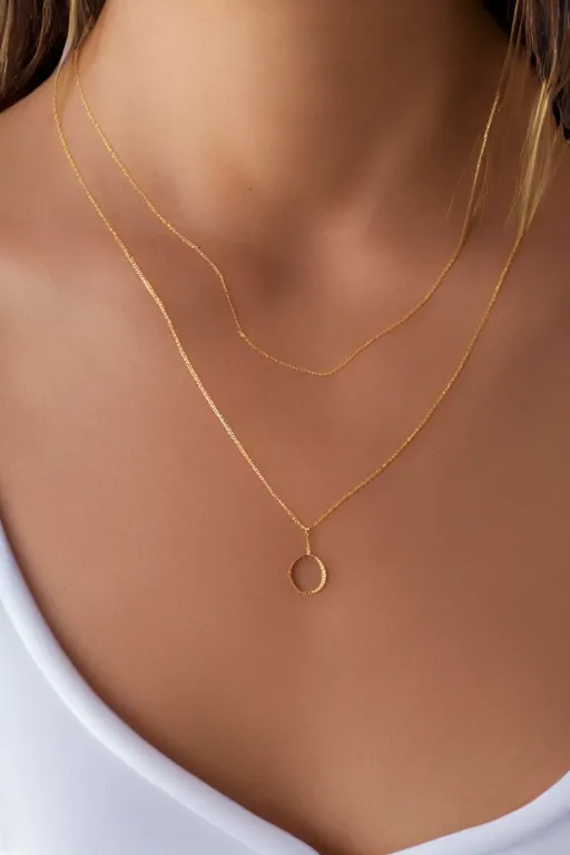 Image similar to 2 4 year old professional female wearing white v - neck top, 1 8 k gold necklace pendant, portrait, neck zoomed in, photo realistic, extreme detail skin, no editing, slr, golden hour, 4 k, high definition, selfie