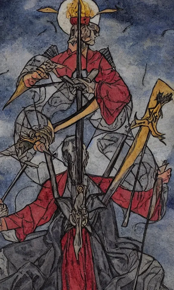 Prompt: tarot card, 3 swords. The Three of Swords shows a heart pierced by three swords, representing the pain inflicted by words, actions and intent on the emotional and physical self. The dark clouds gathering in the background mirror this pain but offer the hope that, just as the storm clouds will disappear, so too will the pain and hurt you are experiencing. Heartbreak, emotional pain, sorrow, grief, hurt, Negative self-talk, releasing pain, optimism, forgiveness. Art by Mucha, studio ghibli, anime, manga
