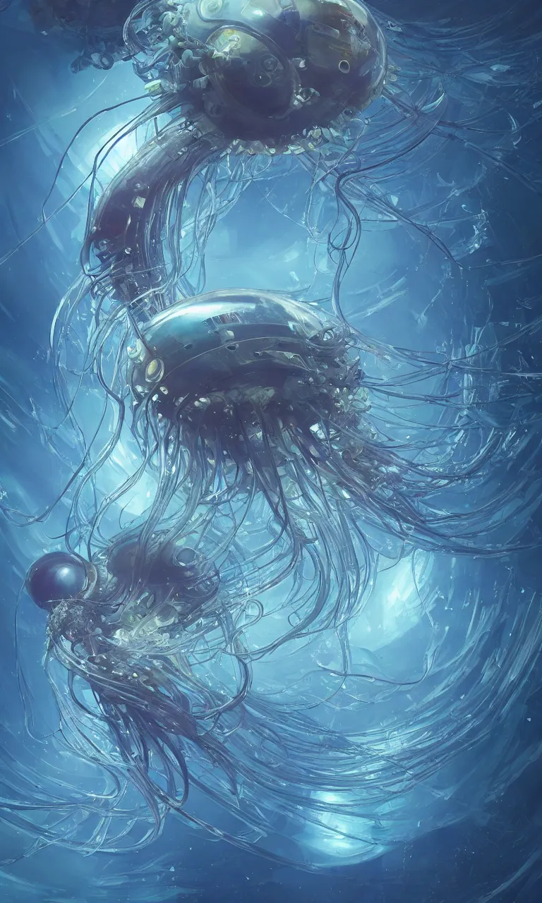 Image similar to Panorama hyper detailed painting of a cyberpunk jellyfish, blue tones, underwater, 8 mm, highly detailed, digital painting, artstation, concept art, smooth, sharp focus, illustration, art by artgerm and greg rutkowski and alphonse mucha