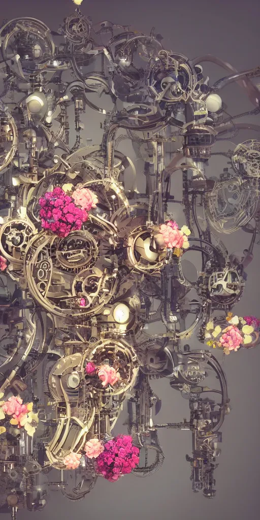 Image similar to a lovely mechanical cornucopia of flowers sci-fi futuristic utopian machine parts wires circuits highly detailed octane render cinematic