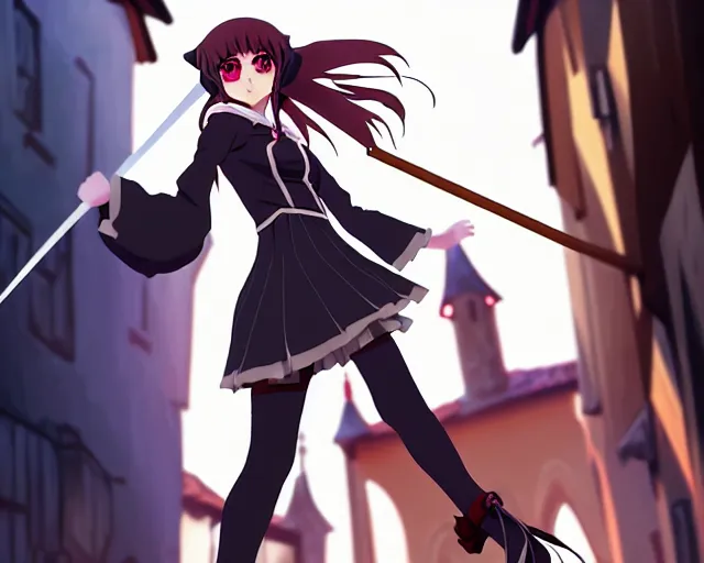 Prompt: key anime visual portrait of a young female witch walking through a busy medieval village, dynamic pose, dynamic perspective, cinematic, dramatic lighting, detailed silhouette, anime proportions, perfect anime face