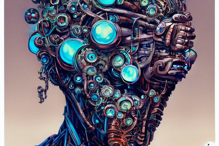 Prompt: gigantic robot statue head with lot of glass details, a lot of wasted mechanical pieces, metal, electronic, dull colors, in the foggy huge forest, by moebius, junji ito, tristan eaton, victo ngai, artgerm, rhads, ross draws, hyperrealism, intricate detailed, risograph