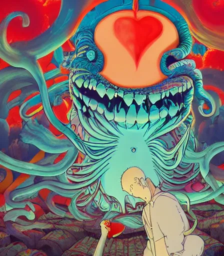 Image similar to Love Craftian Studio Ghibli by Alex Pardee and Nekro and Petros Afshar, and James McDermott,unstirred paint, vivid color, cgsociety 4K