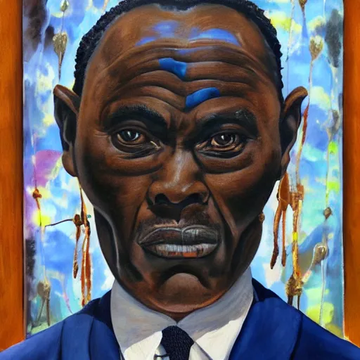 Image similar to a painting of a fatherly wide forehead, round face, XXL , loving, caring, generous, ever-present, humble, wise elder from Kenya in a suit by Wangechi Mutu . Fatherly/daddy, focused, loving, leader, relaxed. blue background, ethereal lights, details, smooth, sharp focus, illustration, realistic, cinematic, artstation, award winning, rgb , unreal engine, octane render, cinematic light, macro, depth of field, blur, , highly detailed epic cinematic concept art CG render made in Maya, Blender and Photoshop, octane render, excellent composition, dynamic dramatic cinematic lighting, aesthetic, very inspirational, arthouse.