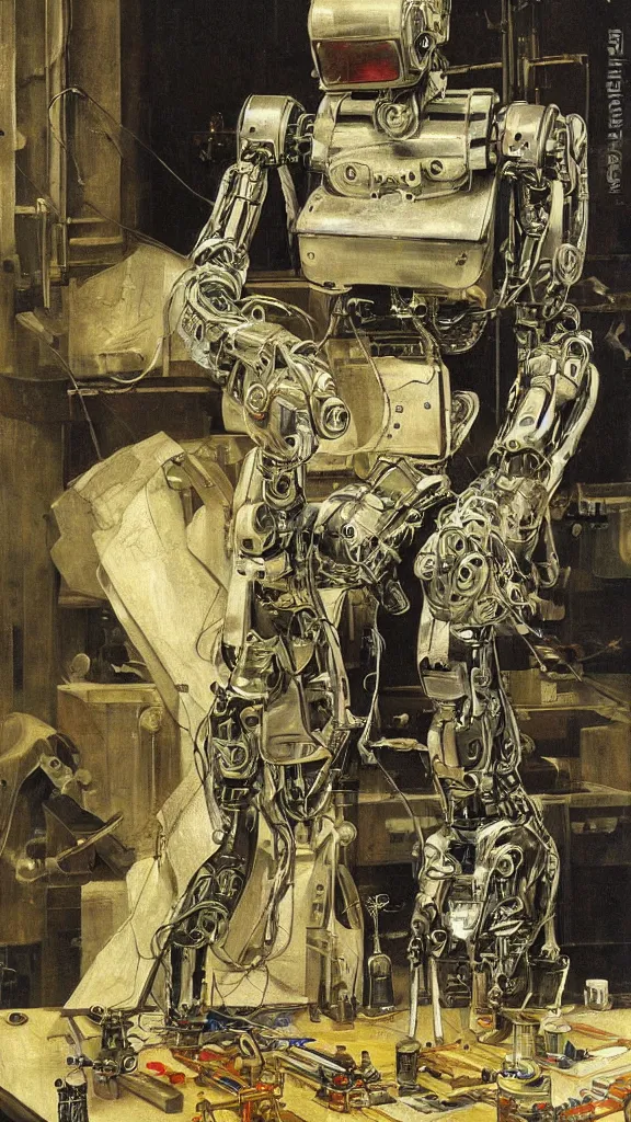 Prompt: robot painting a robot on canvas, intricate, highly detailed, photorealistic, film still, by hans thoma.
