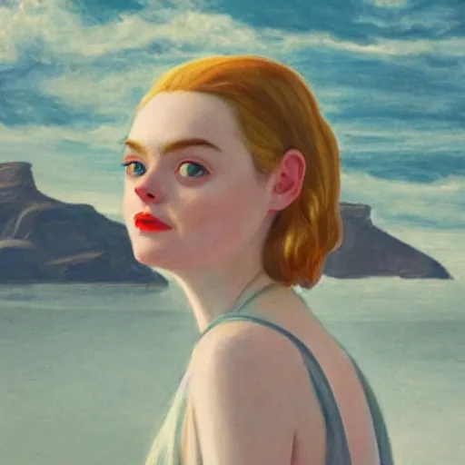 Image similar to Elle Fanning in Santorini at night, head and shoulders portrait, stormy weather, extremely detailed masterpiece, Roger Deakin’s cinematography, illustration, by Edward Hopper,