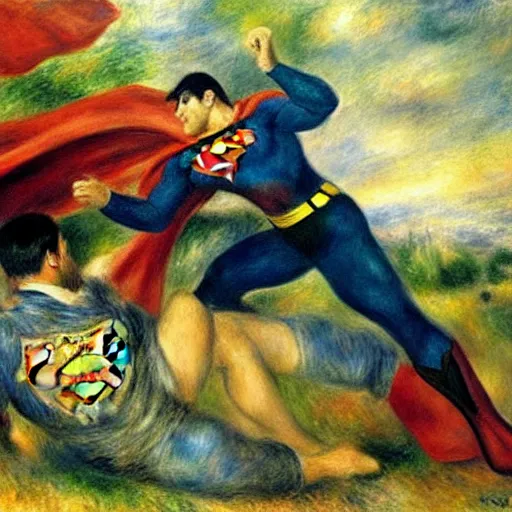 Prompt: Renoir painting of Superman fighting Batman