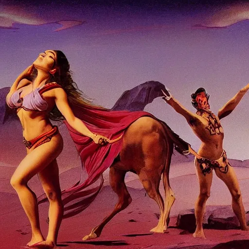 Image similar to Silk sheet desert ecstasy Bedouin under crimson azure diamond sky, in the style of Frank Frazetta, Jeff Easley, Caravaggio, extremely clear faces coherent, clear lines, 8K revolution