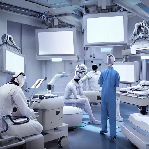 Image similar to organ transplants in an operating room with robot surgeons , photorealistic,by Wlop,4k resolution