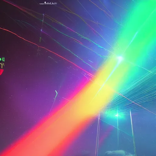 Prompt: rainbow lasers in the night sky, hyperrealistic, volumetric lighting, featured on artstation, highly detailed, 8 k