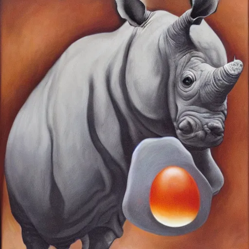 Prompt: oil on canvas of, rhinoceros hatching from an egg in hawaii