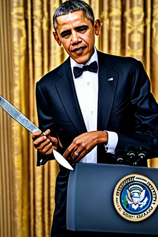 Prompt: barrack obama wielding a knife, mild depth of field, realistic, professional photography, photorealistic