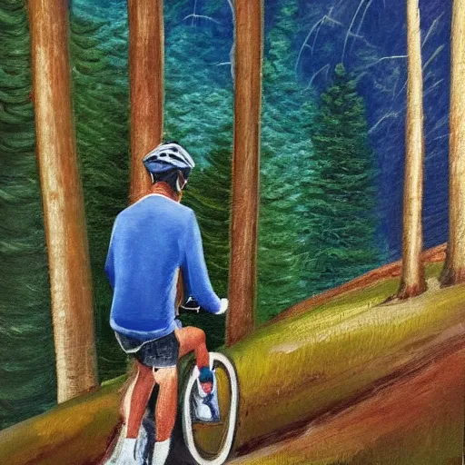 Image similar to man biking up a steep forest hill with a deep blue sweater. sweaty. Oil painting. Emotional. Steep. Trees.