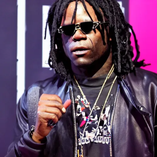 Prompt: chief keef wearing a cyberpunk outfit