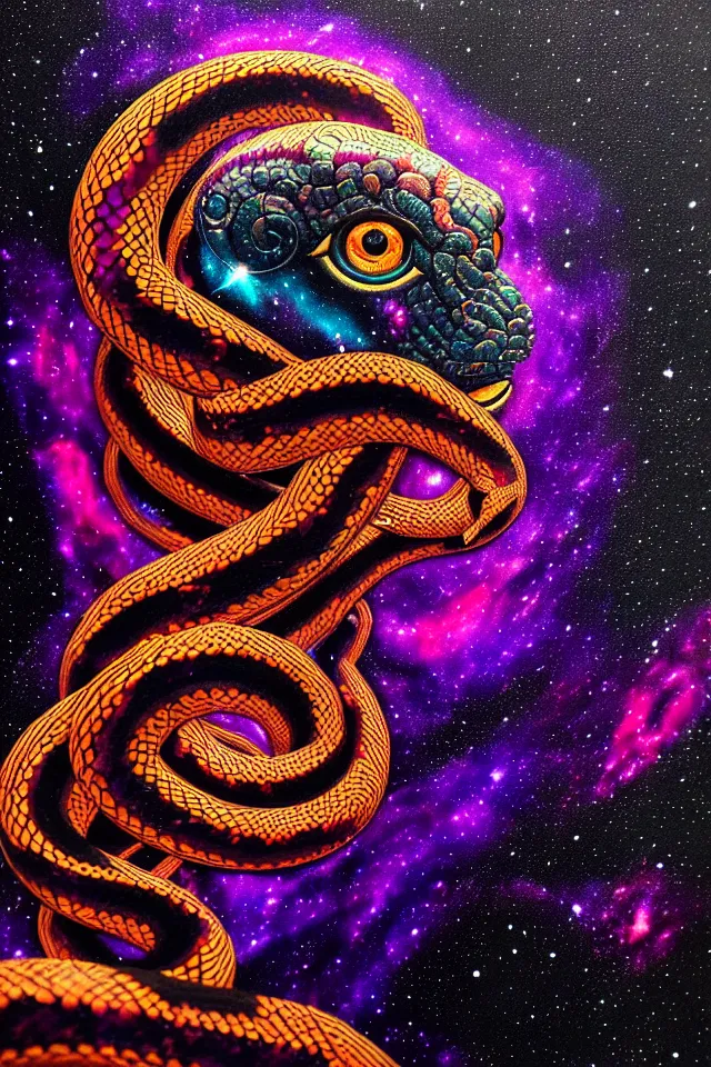 Image similar to a close up portrait of a purple ornate serpent spirit head statue, orange eyes, black paper, galaxy, nebula, billions of details, beautiful intricate painting by kokaris