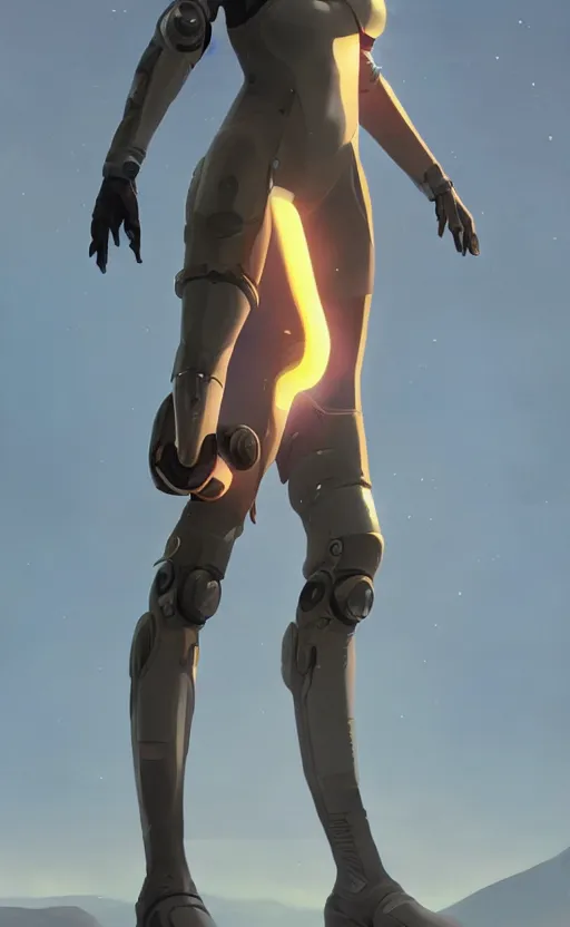 Image similar to sci fi female character, muted colored bodysuit, sci-fi large mechanical boots that go up to the thigh, soft lighting, wojtek fus, by Makoto Shinkai and Ilya Kuvshinov,