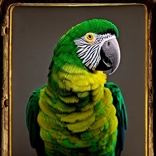 Image similar to closeup wet plate photograph of a double yellow - headed amazon parrot, daguerreotype, collodion photography, studio lights, eye catching, exaggerated texture, colorized