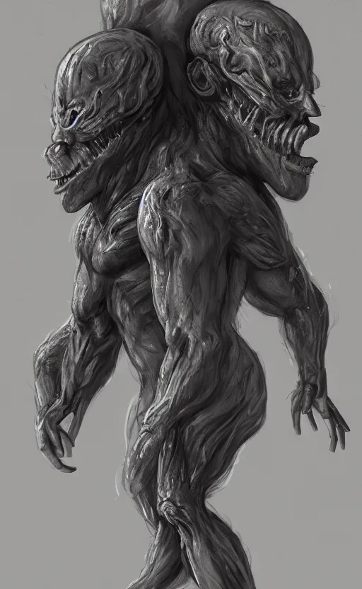 Image similar to full body portrait of of a two headed monster smiley creepily, dynamic lighting, photorealistic, fantasy concept art, ambient lighting, atmospherical, stunning visuals, creative, cinematic, ultra detailed, trending on art station