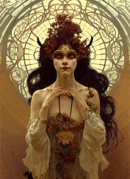 Image similar to floating theater mask, hovering, ornate, detailed, intricate, elegant, highly detailed, digital painting, artstation, concept art, smooth, sharp focus, illustration, art by Krenz Cushart and Artem Demura and alphonse mucha