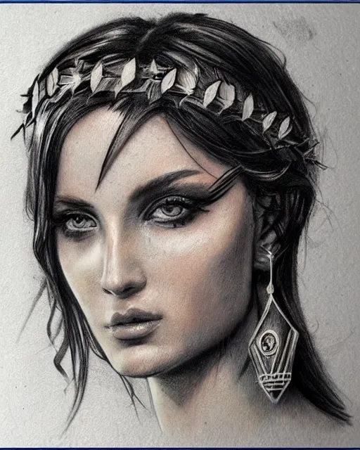 Image similar to realism tattoo sketch of a beautiful greek goddess aphrodite with piercing eyes wearing a laurel wreath and triangle earrings, in the style of greg rutkowski, amazing detail