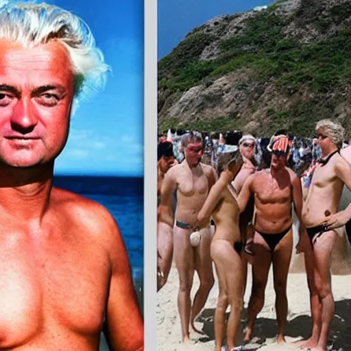 Prompt: geert wilders at the beach, wearing a speedo, playing volleyball with suicide bombers