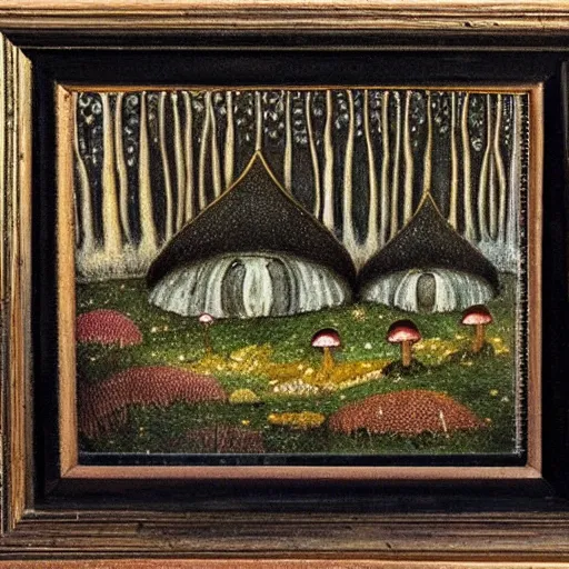 Image similar to a fairytale landscape with mushroom houses, in the style of John Bauer,