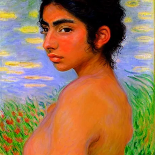 Prompt: beautiful tan latina woman, landscape, prominent rosy cheek bones, black hair and brown eyes, monet and da vinchi art style,