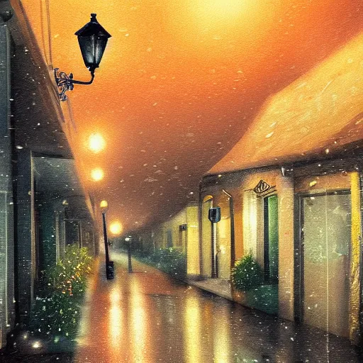 Image similar to a cute orange tabby cat with green eyes on an old street, it is night and raining, street lamps are illuminating the street, moody lighting, peaceful atmosphere, digital art, highly detailed, high contrast, beautiful lighting, award winning, trending on art station, 8 k,