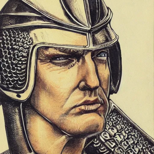 Image similar to knights armor, donald trump, crown, donald trump's face, detailed face, posing with a sword, by hans thoma