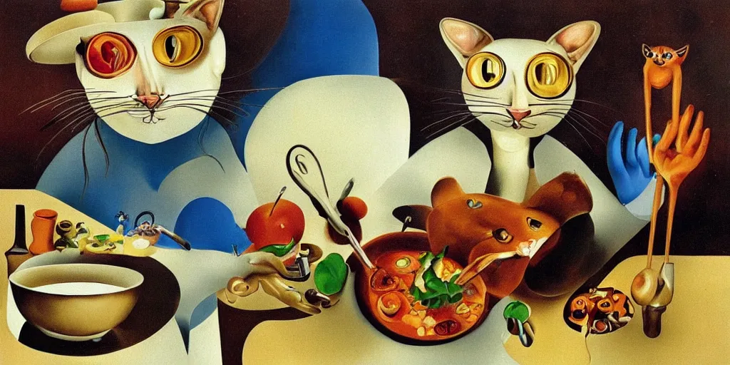 Image similar to anthropomorphic cat chef cooking a delicious colorful soup, by Salvador Dali