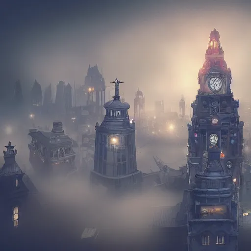 Image similar to a steampunk city shrouded in fog, highly detailed, 8k, sharp focus, trending on artstation