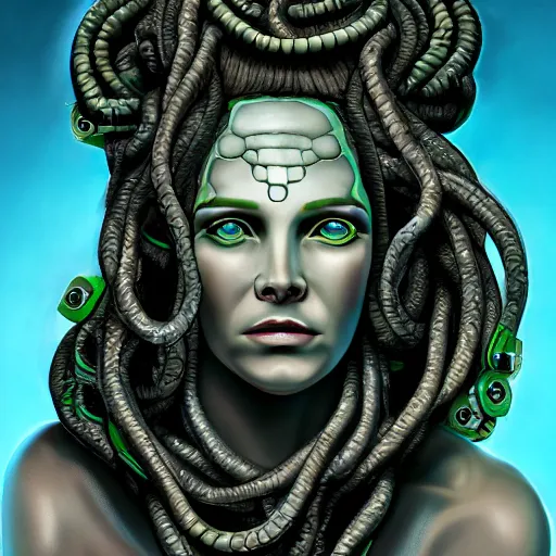 Image similar to portrait of gorgon medusa with cybernetic implants, highly detailed, cinematic quality, 8k