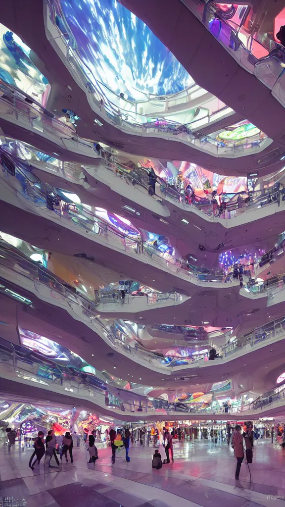 Image similar to interior of pristine intergalactic spaceship, department shopping mall, complex escalator system, futuristic glowing temple with fashion mannequins display, at night and cluster of shopping customers, by makoto shinkai, moebius!, oliver vernon, joseph moncada, damon soule, manabu ikeda, kyle hotz, dan mumford, by kilian eng