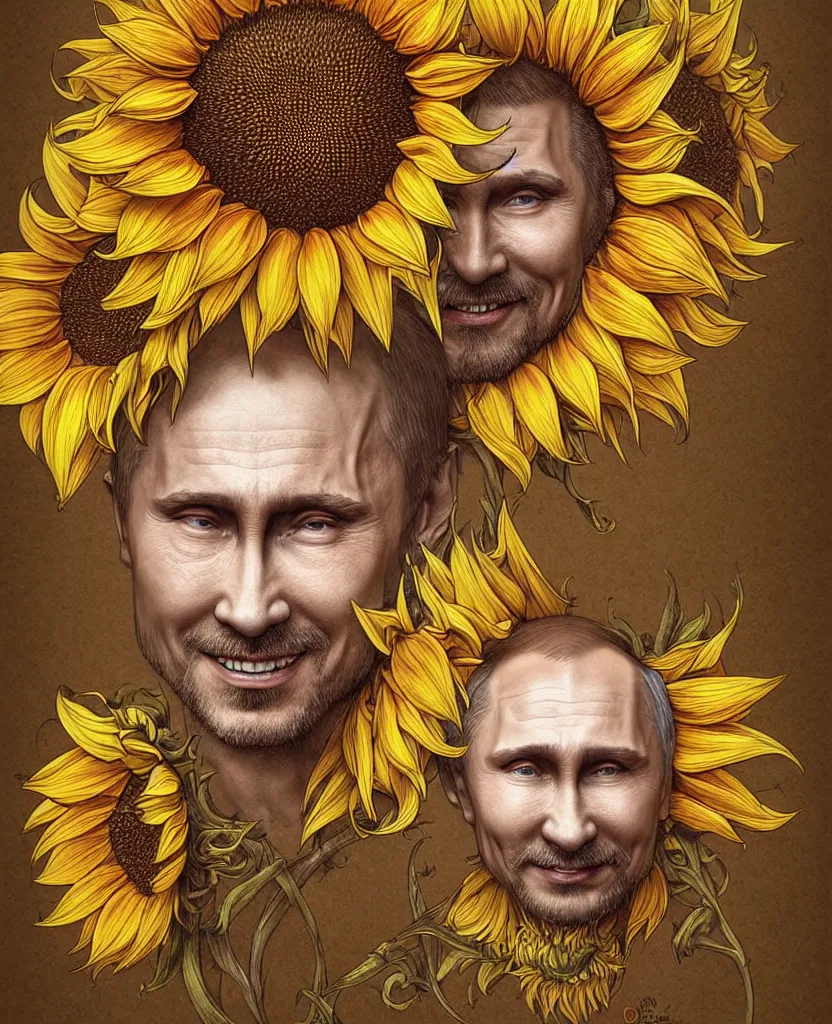 Image similar to digital art, centered full body of Putin smiling king, Sunflower crown, ,intricate, veins, by James Jean and by artgerm , by ross tran ultradetailed, charachter design, concept art, trending on artstation,