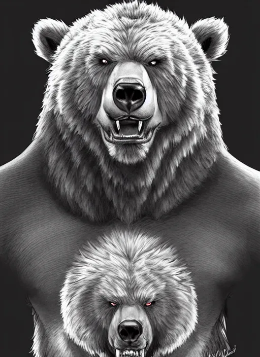 Prompt: award winning beautiful portrait commission art of a muscular shirtless male furry anthro grizzly bear fursona with a cute beautiful attractive detailed furry face wearing gym shorts and a tanktop at the gym. Character design by charlie bowater, ross tran, artgerm, and makoto shinkai, detailed, inked, western comic book art